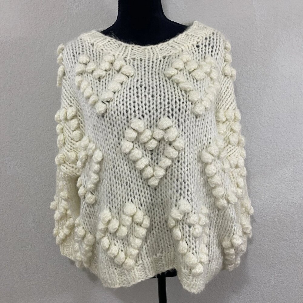 Elenza White Chunky Knit Pom Pom Heart Sweater, Made by Hand